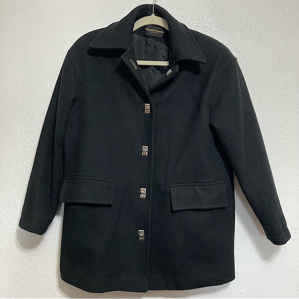 Michelle Francois Black Wool Coat Jacket Toggle Closure S? Thinning of threads